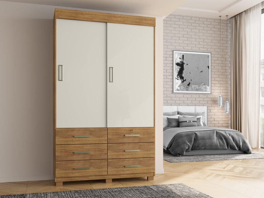 Guarda-Roupa Buzios 2 portas de correr Sem espelho 6 gavetas – Mel/Areia