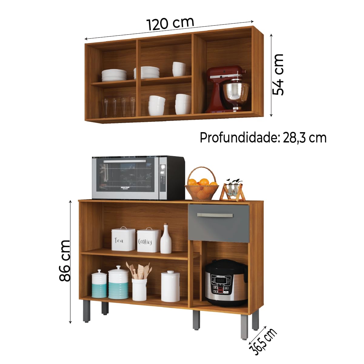 Armário de Cozinha Composto Aéreo e Balcão 6 Portas 1 Gaveta - Móveis furniture