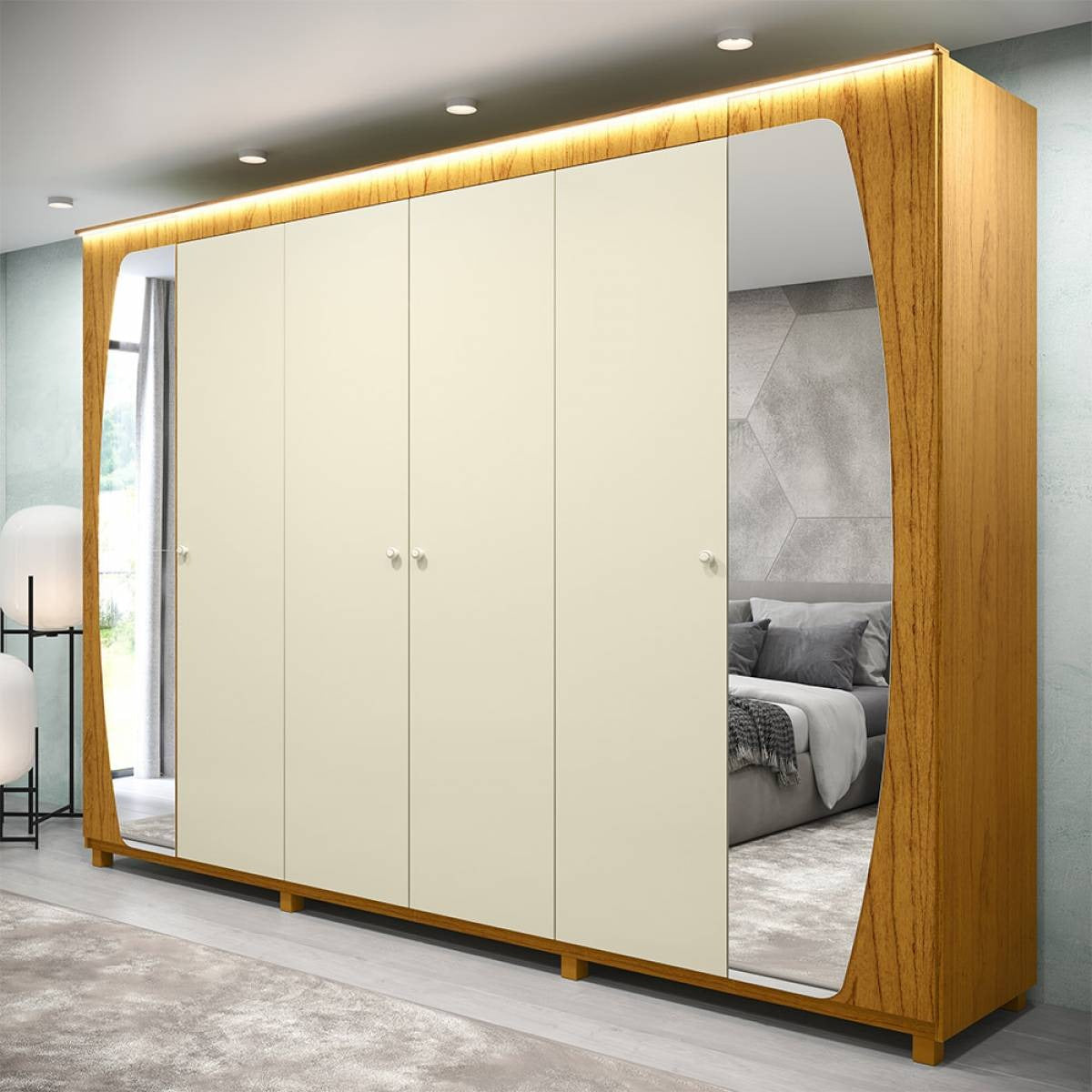 Roupeiro Inovacao 6P com Espelho e LED Pes Naturale.Off White Gelius - Móveis furniture