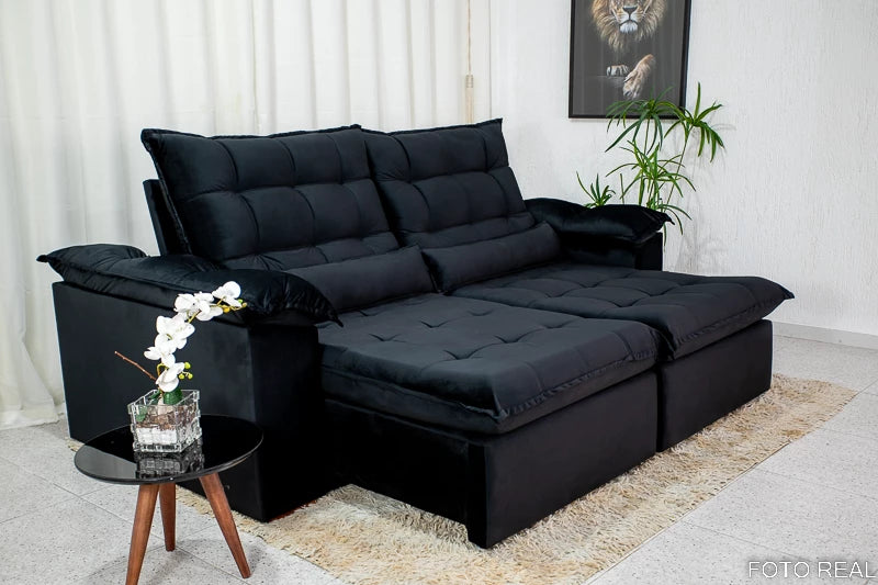 Sofá Retrátil Reclinável 2.90m Emanuelly Veludo Preto - Móveis furniture
