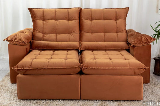 Sofá Retrátil Reclinável 2.00m Emanuelly Veludo Terracota - Móveis furniture