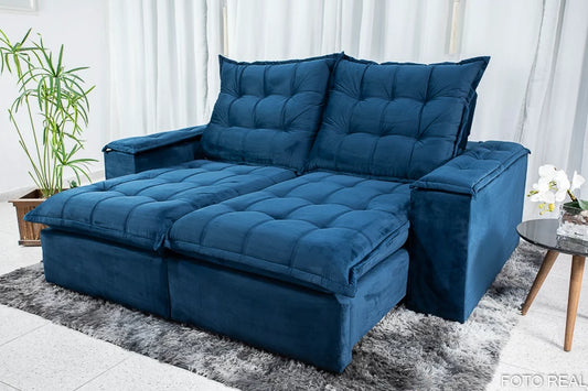 Sofá Retrátil Reclinável Atenas 2.10m Veludo Azul 800 D33 e Molas Ensacadas - Móveis furniture