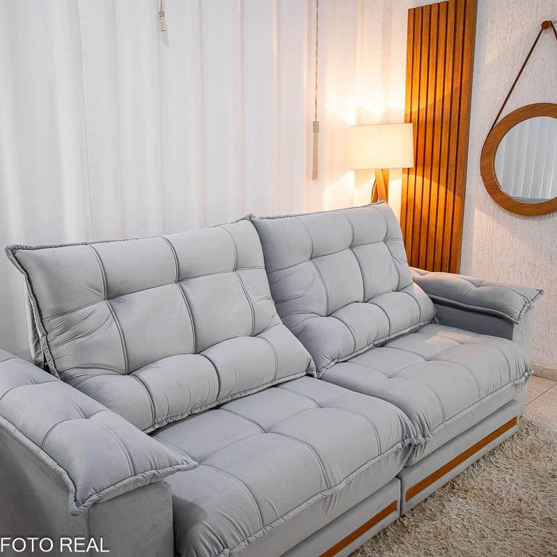 Sofá Retrátil Reclinável Barcelona 2.30m Veludo Prata  - D33 e Molas Ensacadas