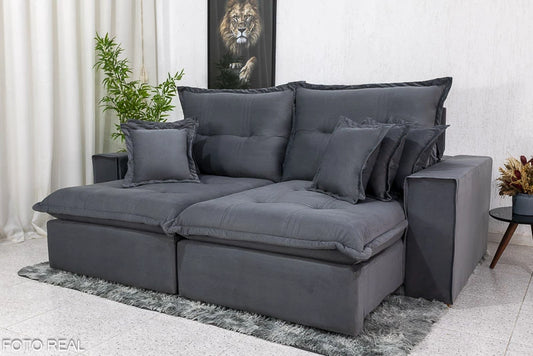 Sofá Retrátil Reclinável Ferrara 2.50m Veludo Cinza 20 D33 e Molas Ensacadas - Móveis furniture