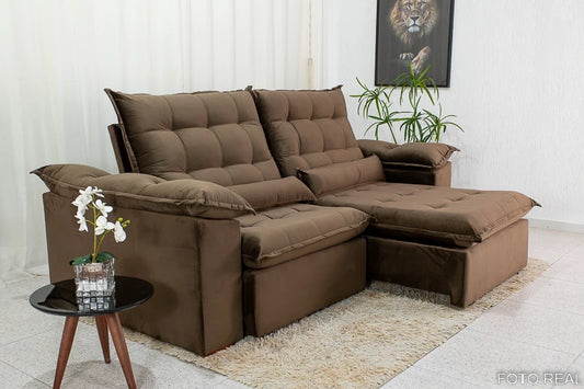 Sofá Retrátil Reclinável 2.90m Emanuelly Veludo Rose - Móveis furniture