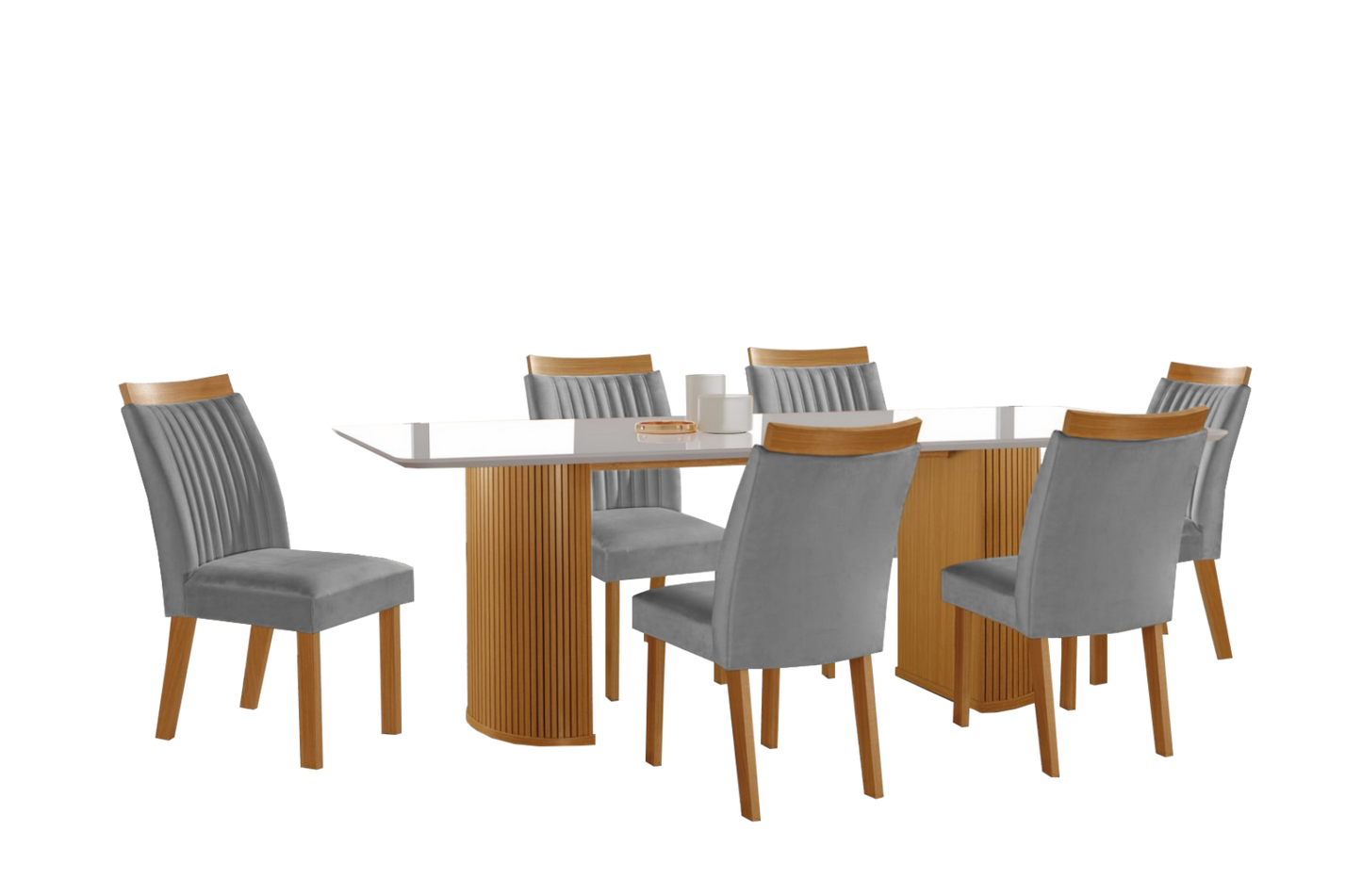 Mesa Dara 180 Cinamono/Off White com 6 Cadeiras Dara/Luna Linho Cinza – LJ MÓVEIS - Móveis furniture