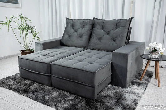 Sofá Retrátil Reclinável Berlim 2.10m Veludo Cinza Escuro 814 - D33 e Molas Ensacadas - Móveis furniture