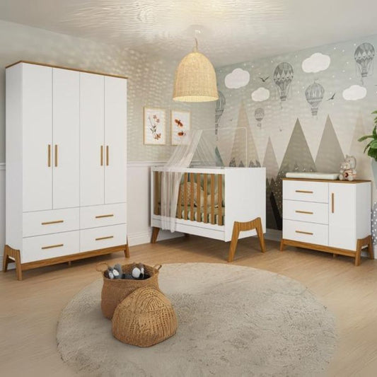 Guarda-Roupa 4 Portas + Cômoda + Berço Guti Retrô Branco Brilho/Amêndoa – PEROBA MÓVEIS - Móveis furniture