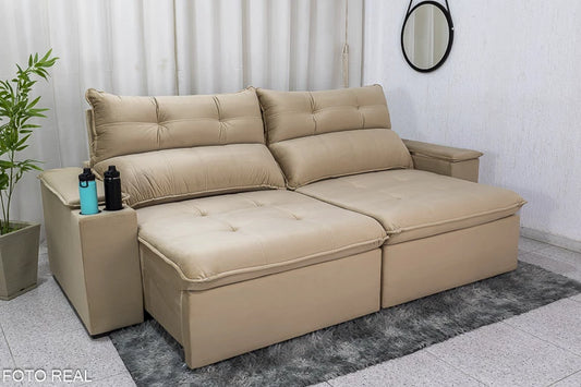 Sofá Retrátil Reclinável 2.50m Austrália Veludo Bege E-18 - Espuma D33 - Móveis furniture