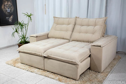 Sofá Retrátil Reclinável Atenas 2.10m Veludo Bege 818 D33 e Molas Ensacadas - Móveis furniture