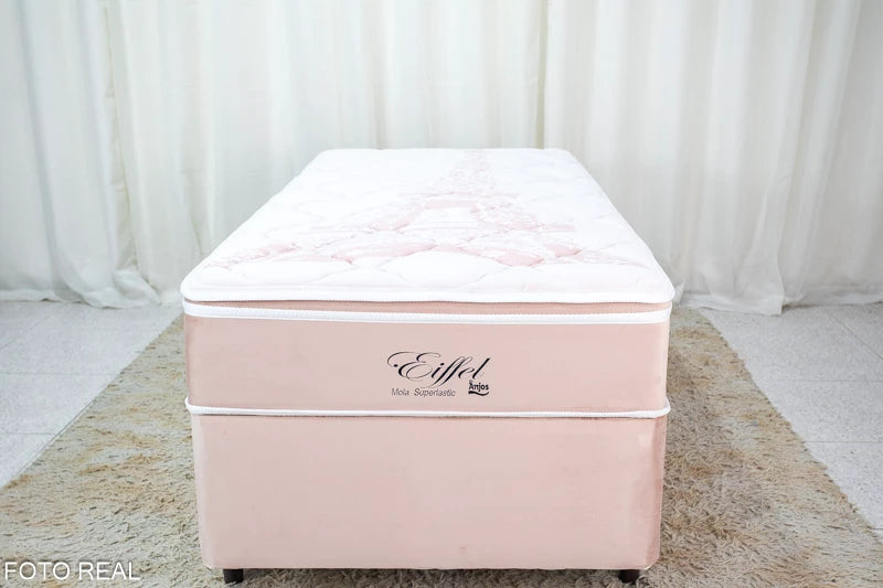 Box Rosa + Colchão Solteiro Eiffel Molas Superlastic 88x188x68 Anjos - Móveis furniture