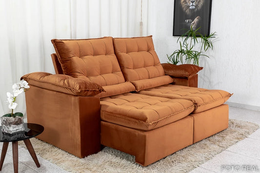 Sofá Retrátil Reclinável 2.90m Emanuelly Veludo Terracota - Móveis furniture