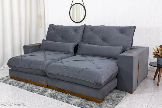 Sofá Retrátil Reclinável Luanda 2.50m Veludo Cinza 010 - Molas Ensacadas - Móveis furniture