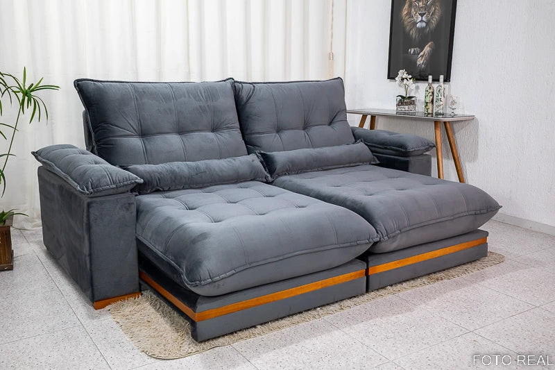 Sofá Retrátil Reclinável Ibis 2.30m Veludo Cinza 814 - D33 e Molas Ensacadas - Móveis furniture