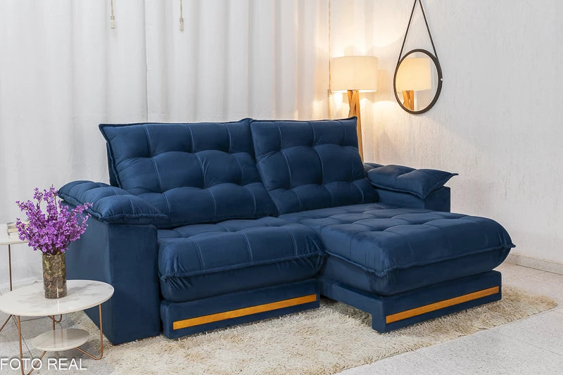 Sofá Retrátil Reclinável Barcelona 2.30m Veludo Azul - D33 e Molas Ensacadas