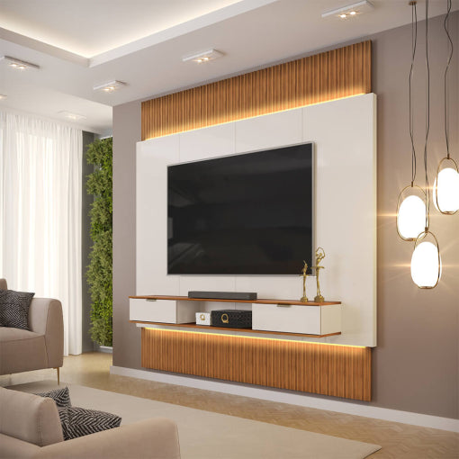 Painel Extensível Hit 229cm para TV até 85 Polegadas Ripado com LED 2 Gavetas DJ - Móveis furniture