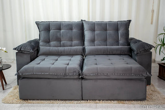 Sofá Retrátil Reclinável 2.90m Emanuelly Veludo Cinza - Móveis furniture