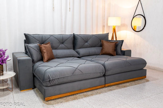 Sofá Retrátil Reclinável Gran Bello Veludo Cinza Larg. 2.90m - D33 e Molas Ensacadas