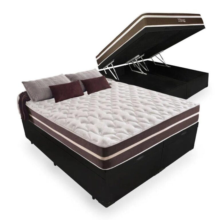 Colchão Queen Classic Superlastic D26 Marrom + Base Baú Avalon Branco – ANJOS + AVALON - Móveis furniture