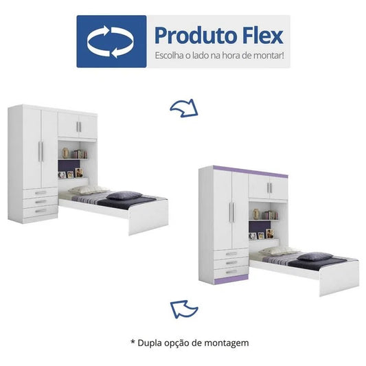 Roupeiro Cama Solteiro Cancun 4P3G Branco.Lilas Flex J A Moveis