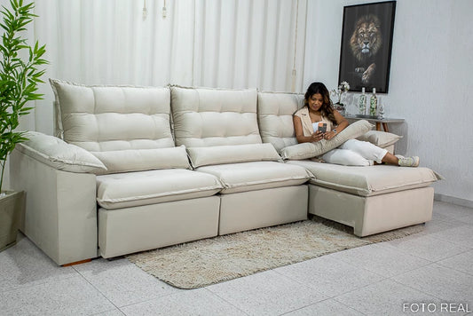 Sofá Retrátil Reclinável Emanuelly 3.20m Veludo Bege 01 - D28 Soft