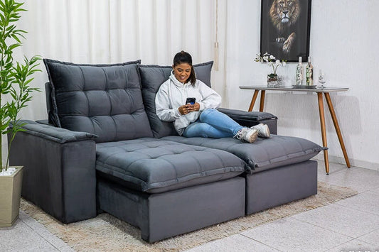 Sofá Retrátil Reclinável Atenas 2.10m Veludo Cinza D33 e Molas Ensacadas - Móveis furniture