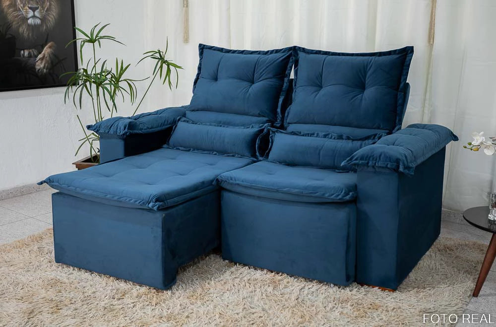 Sofá Retrátil e Reclinável Nicole 1.80m Veludo Azul - Móveis furniture