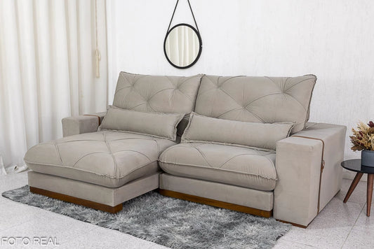 Sofá Retrátil Reclinável Luanda 2.50m Veludo Bege 02 - Molas Ensacadas - Móveis furniture