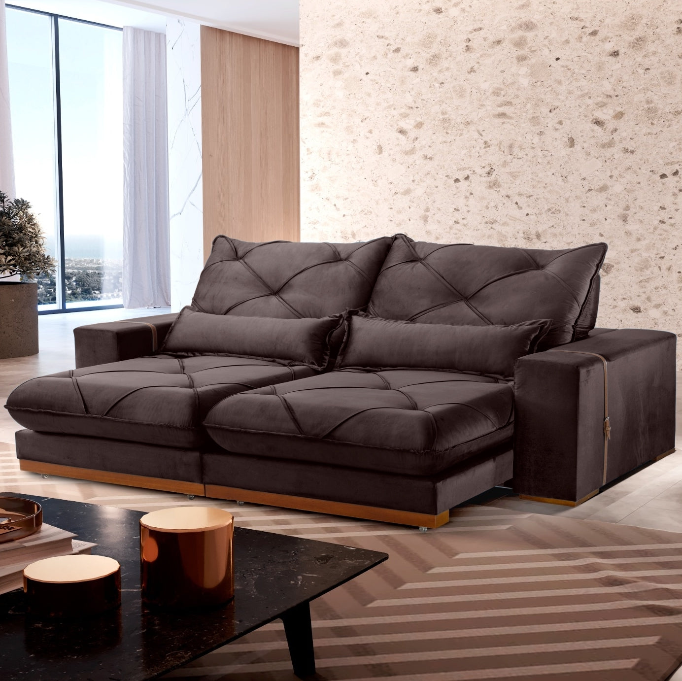 Sofá Retrátil e Reclinável Luanda/Isabella 2,50 m Veludo Marrom – TREVO ESTOFADOS - Móveis furniture