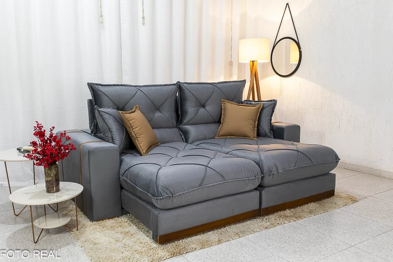 Sofá Retrátil Reclinável 2.30m Gran Bello Veludo Cinza - D33 e Molas Ensacadas - Móveis furniture