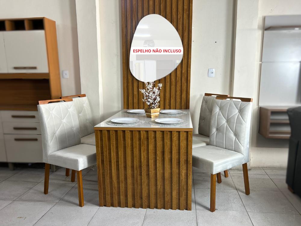 Mesa de Jantar + Painel Ripado Cancun 120×90 Com Vidro c/ 4 Cadeiras Lisboa