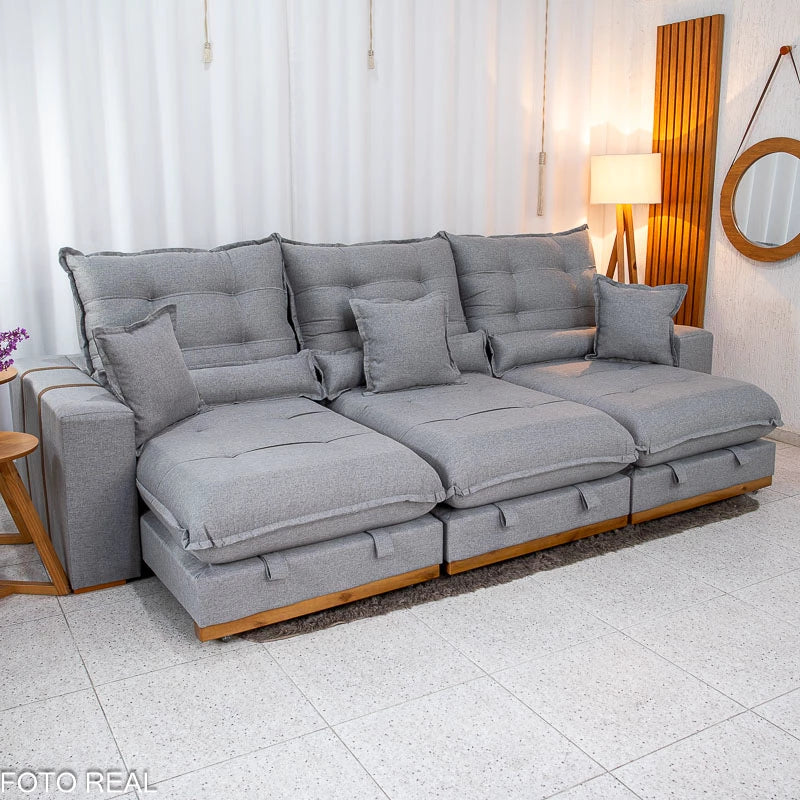 Sofá Retrátil Reclinável Mônaco 3.20m Linho Cinza A59 - Molas Ensacadas