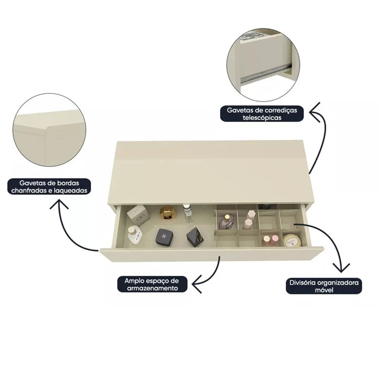 Penteadeira Realeza Ripada Larg. 0.94m C/ Espelho e LED Naturale/Off Gelius - Móveis furniture