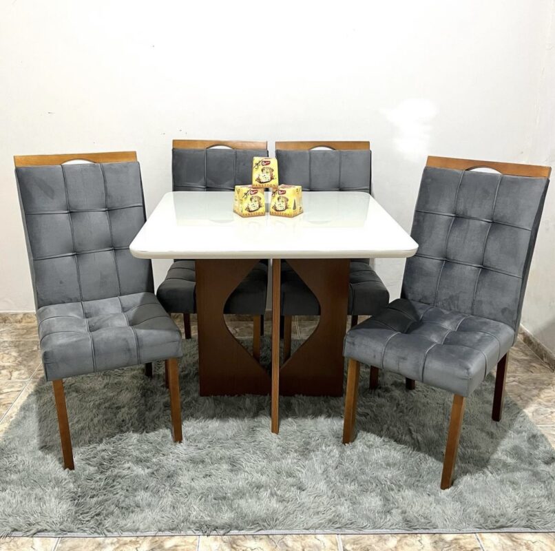 Mesa Madri 120×80 Cinamono/Off White com 4 Cadeiras Sophia/Capri Veludo Grafite - Móveis furniture