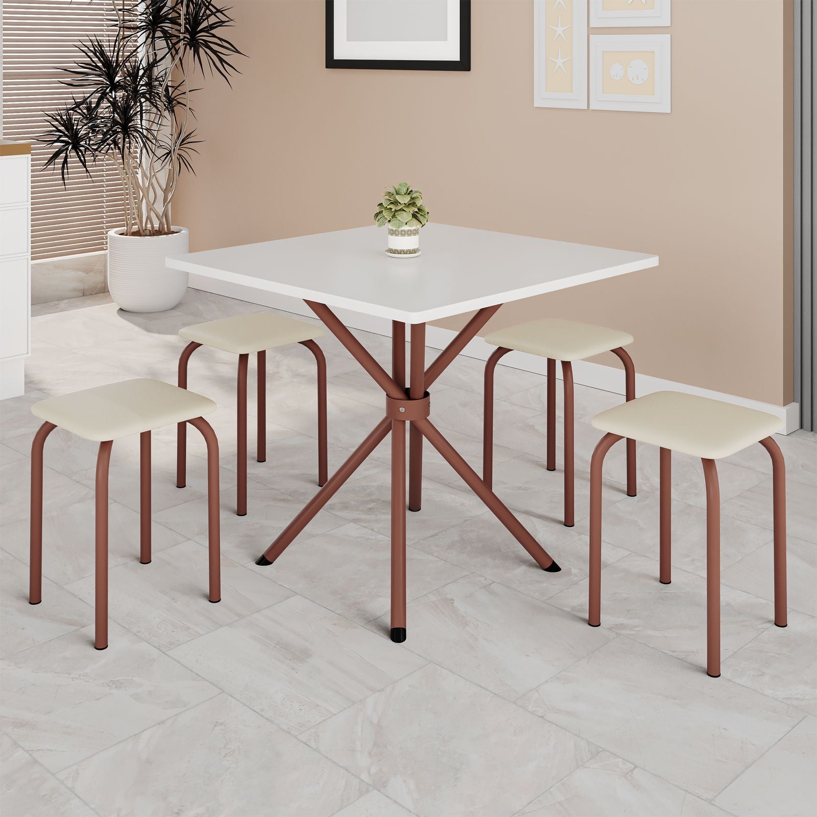 Conjunto de Mesa Bali Marrom Tmp Ardosia Off White 70x70 com 4 Tamboretes Marrom.Creme Teixeira - Móveis furniture