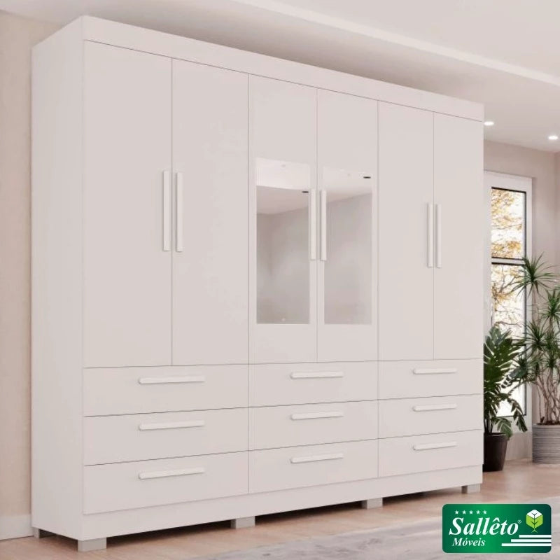 Roupeiro Dinamarca Branco C/Espelho 6 Portas 9 Gavetas C/pés Larg. 1.80m - Sallêto