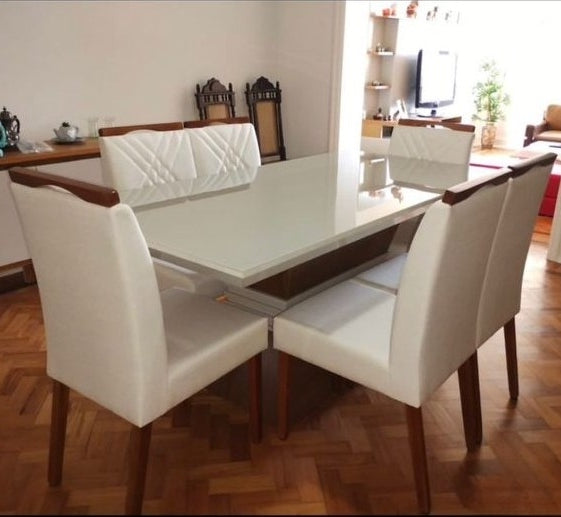 Mesa Ágata 180 Canto Reto Imbuia/Off White com 6 Cadeiras Helena Mel/Veludo Bege – RUFATO + OURO DECOR - Móveis furniture