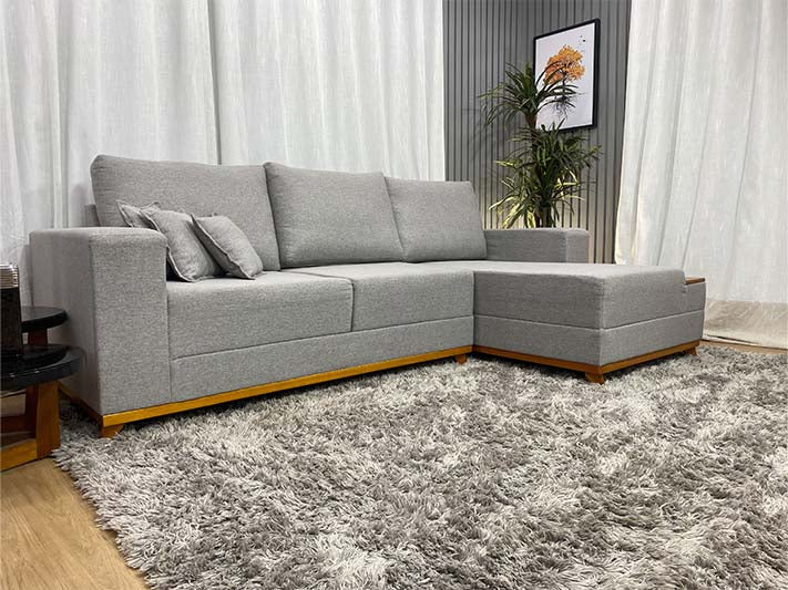 Sofá 3 Lugares 2,50 m Linho Cinza Chaise Aline Plus