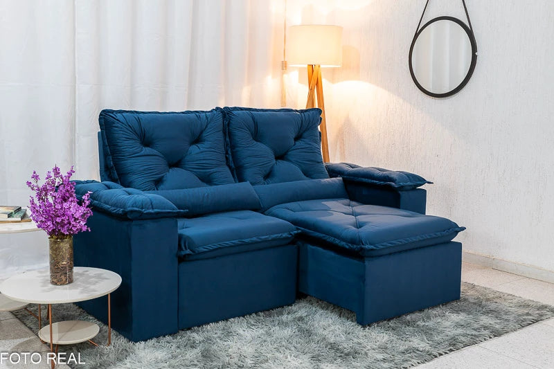 Sofá Retrátil Reclinável 2.00m Texas Veludo Azul - Móveis furniture