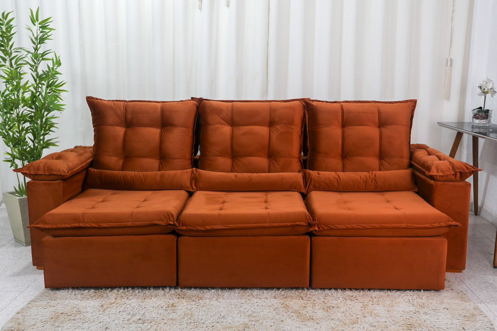 Sofá Retrátil Reclinável Madri 2.70m Veludo Terracota - Móveis furniture