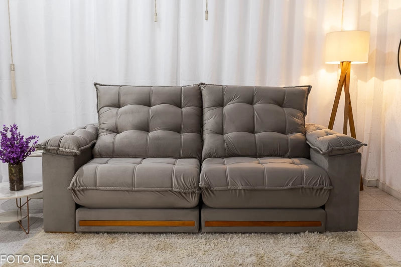 Sofá Retrátil Reclinável Barcelona 2.30m Veludo Cinza - D33 e Molas Ensacadas