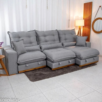 Sofá Retrátil Reclinável Mônaco 3.20m Linho Cinza A59 - Molas Ensacadas