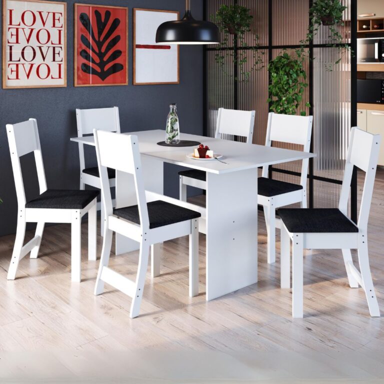 Mesa 6 Cadeiras Karla Branco/Linho Preto – INDÉKES