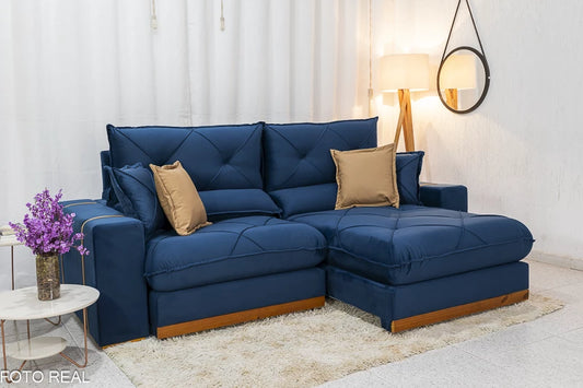 Sofá Retrátil Reclinável 2.30m Gran Bello Veludo Azul - D33 e Molas Ensacadas