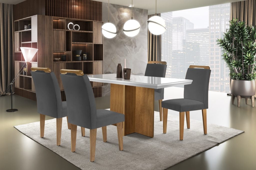 Mesa Berlim 120 Canto Reto Imbuia com 4 Cadeiras Athenas Cinza – RUFATO - Móveis furniture