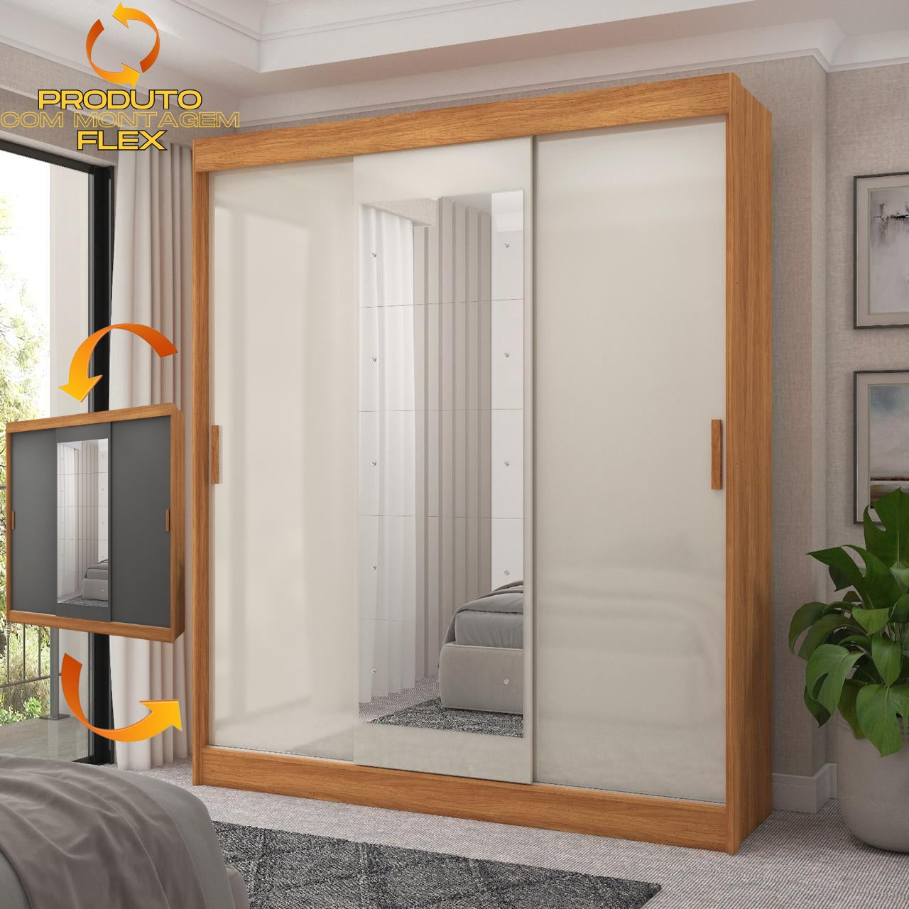 Guarda-roupa 3 Portas (com Espelho) Capri 1,70 M Cinamomo/grafite/off White – Fellicci