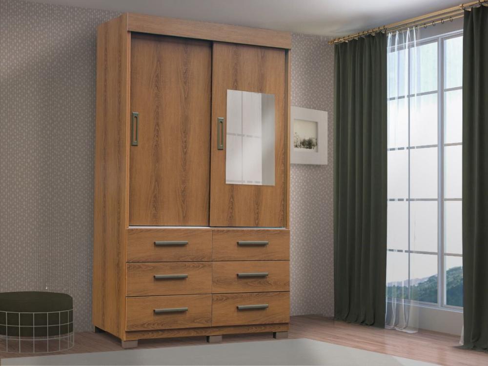 Guarda-Roupa Buzios 2 portas de correr com espelho 6 gavetas – Mel - Móveis furniture