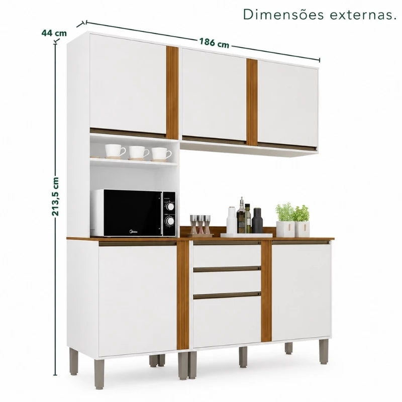 Torre Quente Cozinha Pérola + Balcão 1.20m + Aéreo 2 Portas 1.20m Branco/Cinamomo - Sallêto
