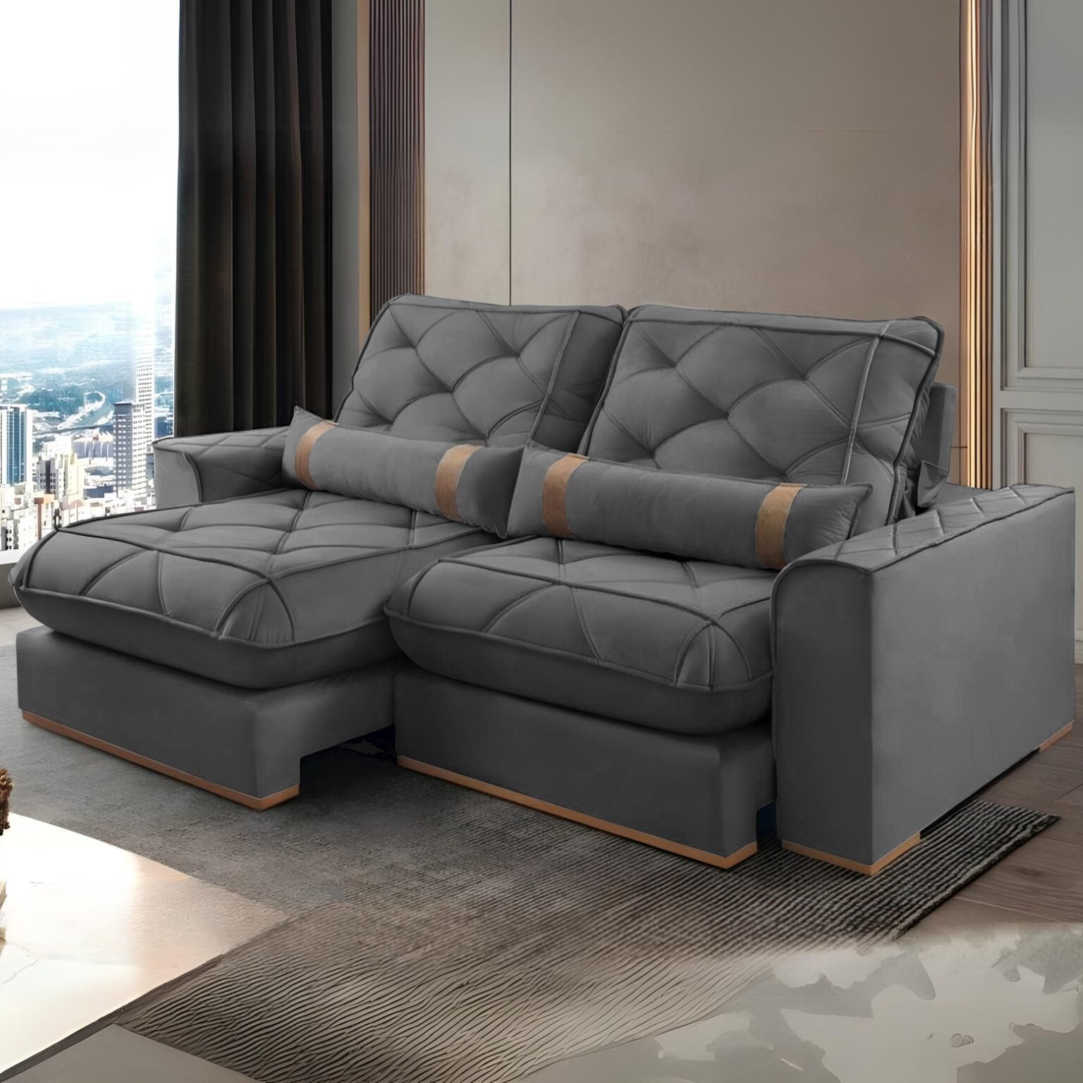 Sofá Retrátil e Reclinável Poseidon 029 2,50 m Veludo Cinza Grafite – VICAM ESTOFADOS