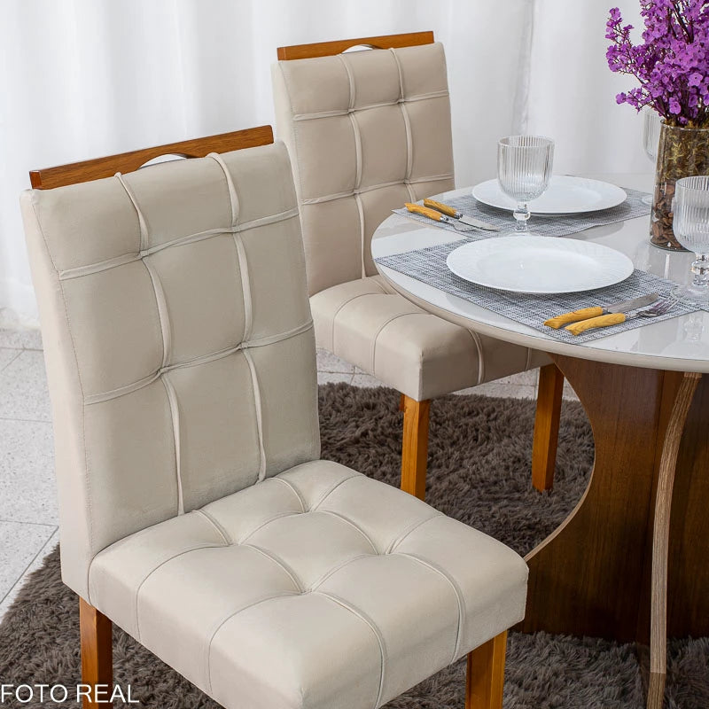 Mesa de Jantar Siena Redonda 100cm Vidro Off/Base Cinamomo + 4 Cad. Londres Veludo Avelã Madeira Minas Plac - Entregue Montada